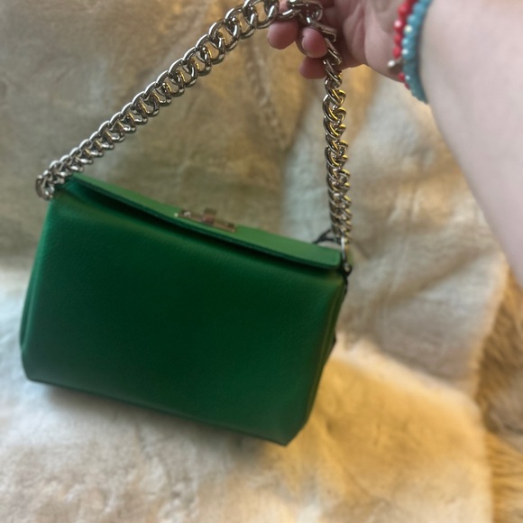 Viola Castellani Leather Shoulder Bag Green with Chain Made In Italy - Picture 3 of 12